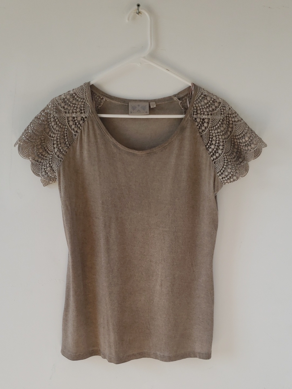 Women’s Soft Taupe Stone Washed Top with Crochet Laced Short Sleeves
